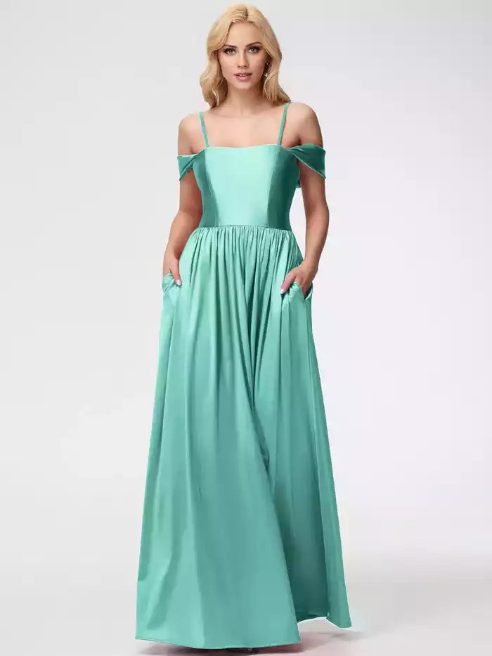 Prom Dress straps with satin square collar and floor Prom Dress