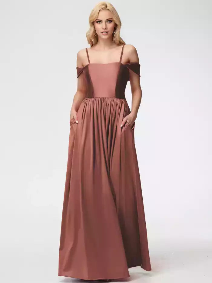 Prom Dress straps with satin square collar and floor Prom Dress
