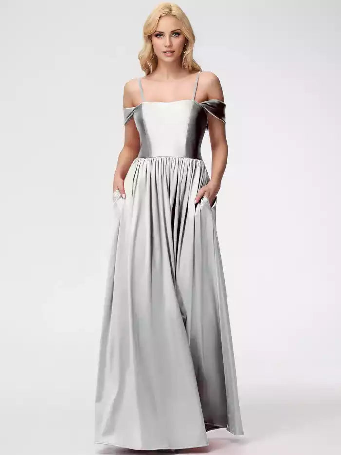 Prom Dress straps with satin square collar and floor Prom Dress