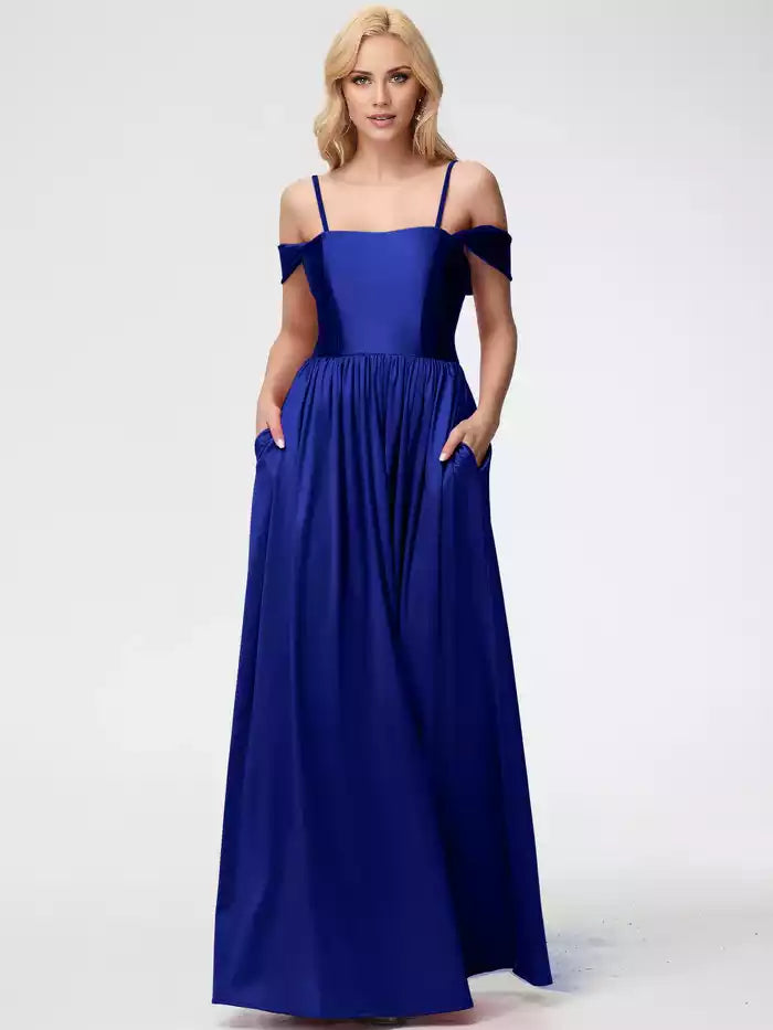 Prom Dress straps with satin square collar and floor Prom Dress