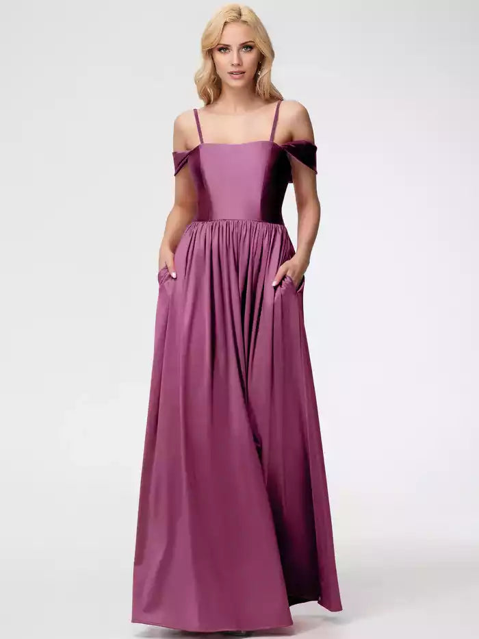 Prom Dress straps with satin square collar and floor Prom Dress