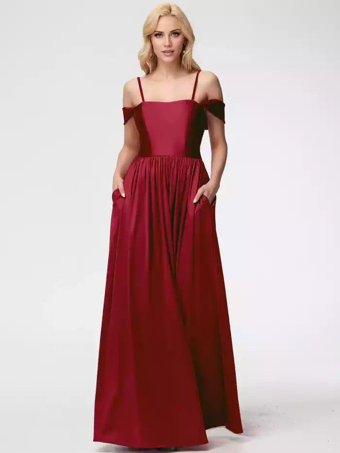 Prom Dress straps with satin square collar and floor Prom Dress