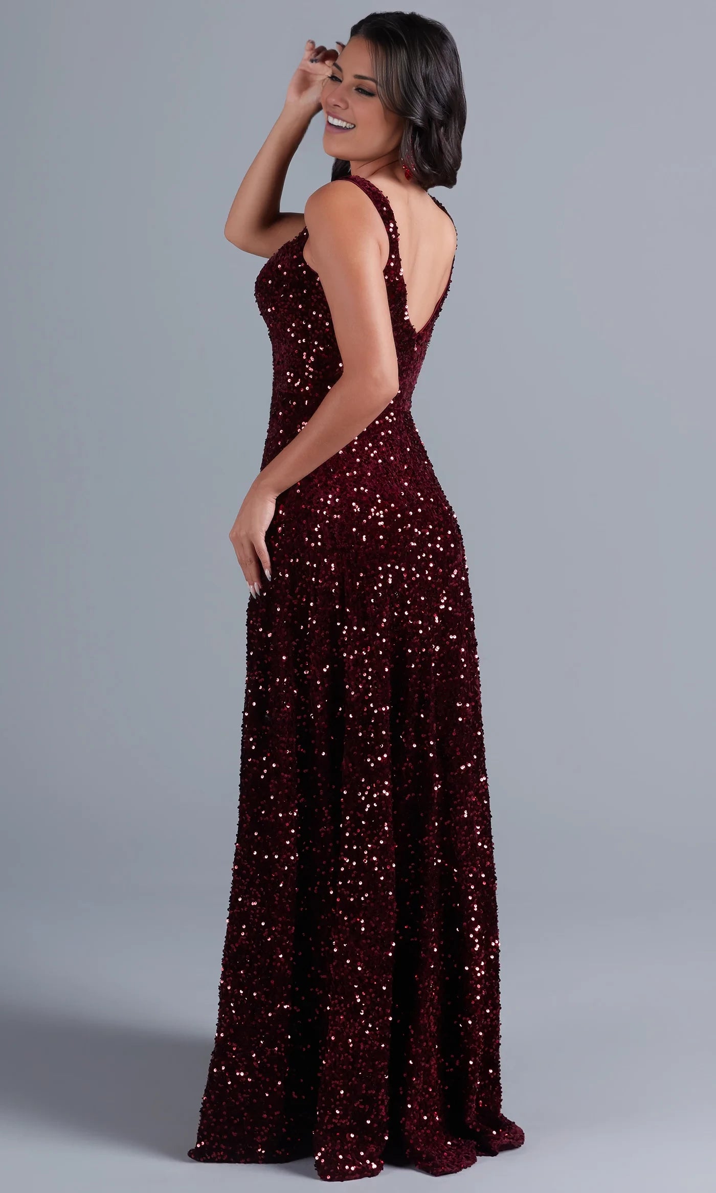 PromGirl Burgundy Red Sequin-Velvet Prom Dresses