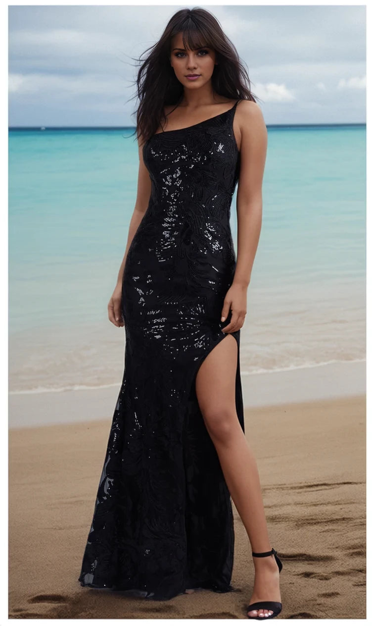 PromGirl One-Shoulder Long Black Prom Dress with Sequins