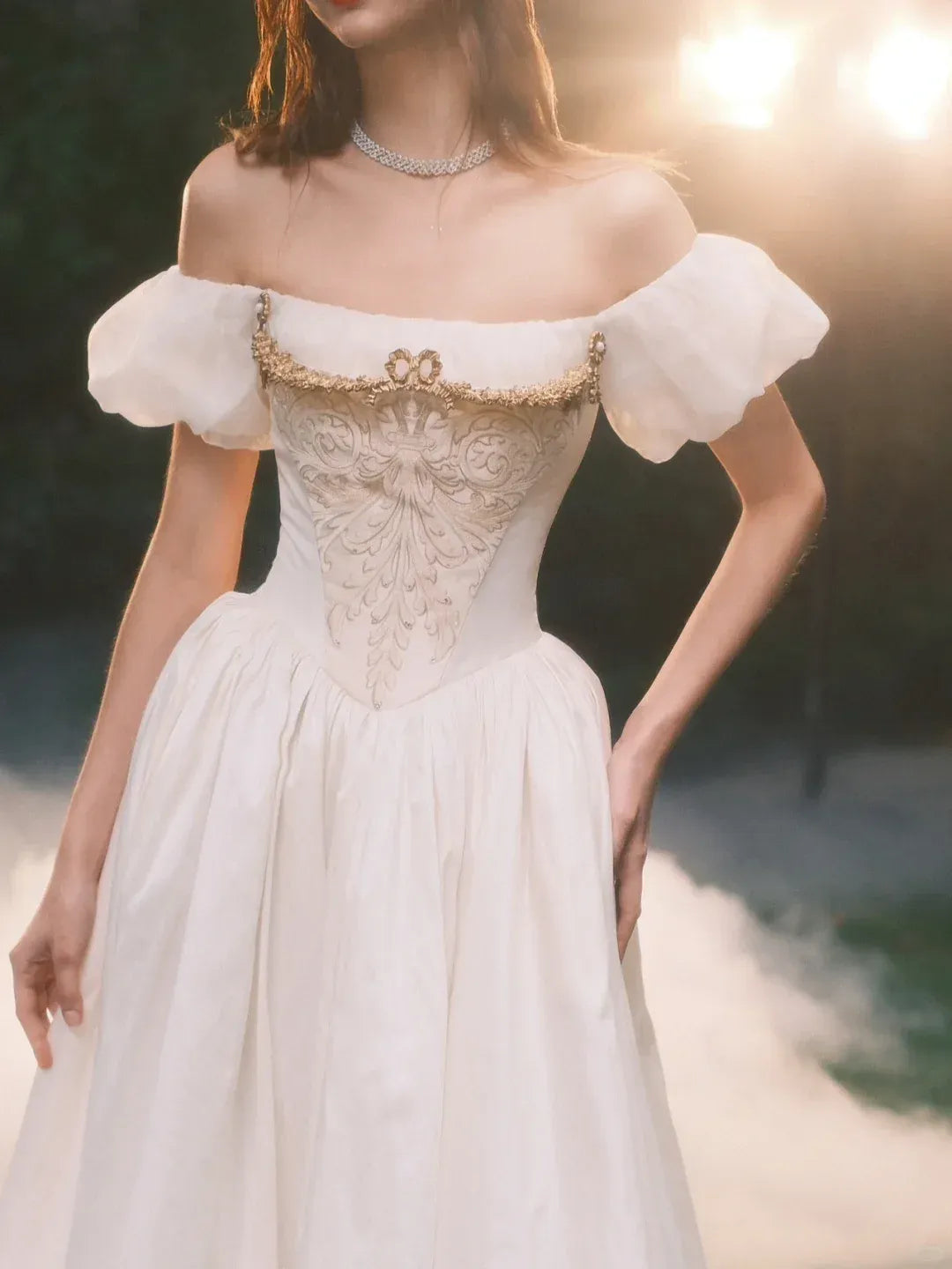 Puff Sleeve Corset Back Formal Gown with Gold Embroidery