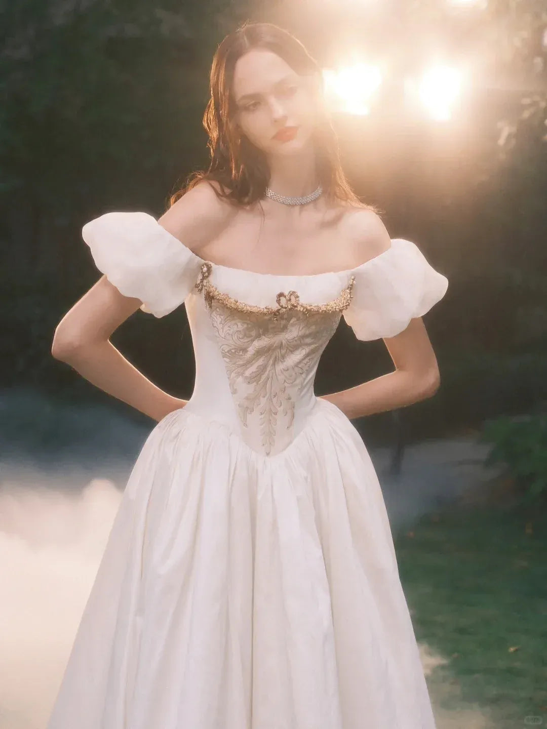 Puff Sleeve Corset Back Formal Gown with Gold Embroidery