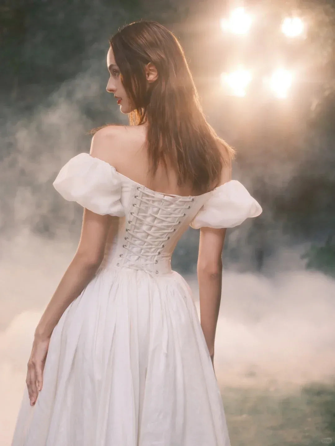 Puff Sleeve Corset Back Formal Gown with Gold Embroidery