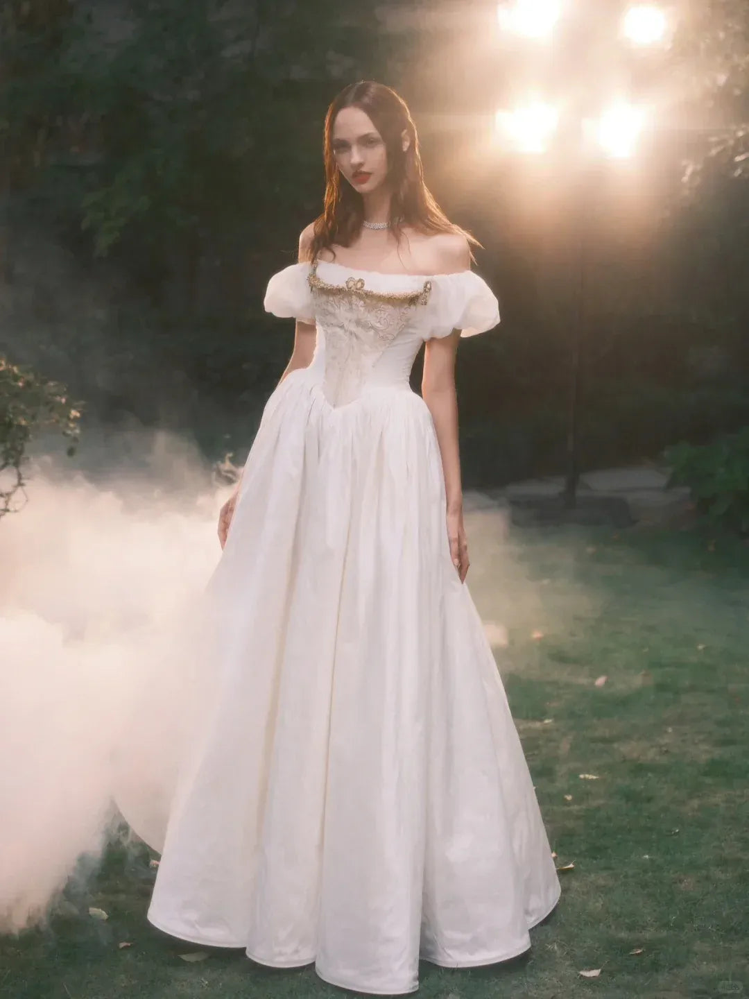 Puff Sleeve Corset Back Formal Gown with Gold Embroidery