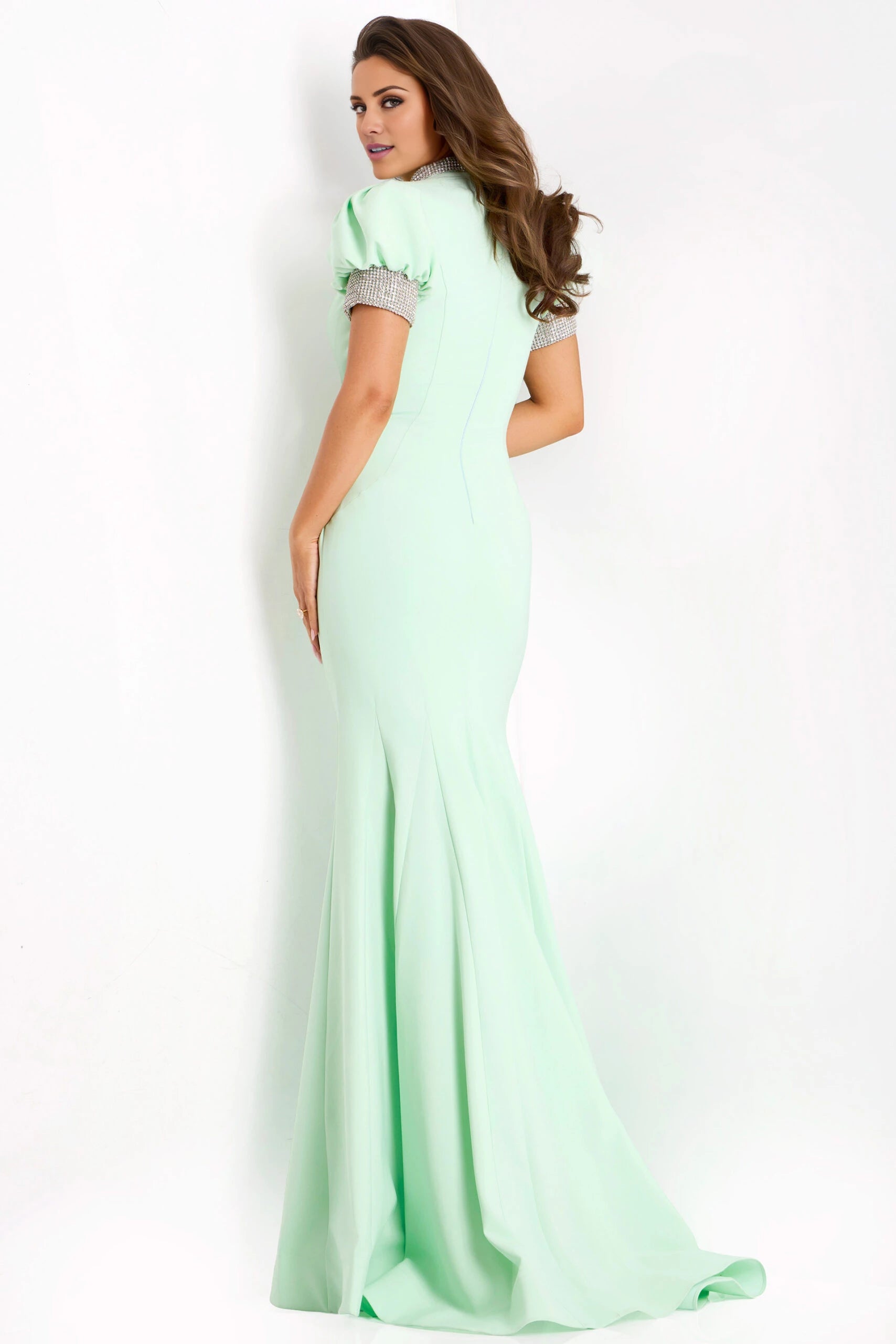 Puff Sleeve Gown with Beaded Collar and Cuffs Evening Dresses