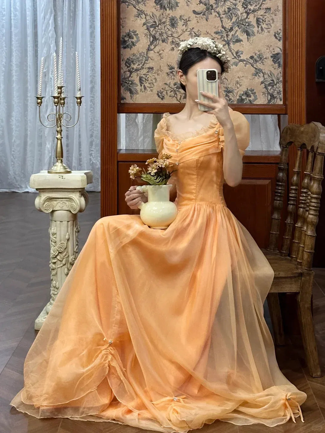 Puffed Sleeve Square Neck Maxi Dress with Bow Accents & Fairy-Tale Silhouette