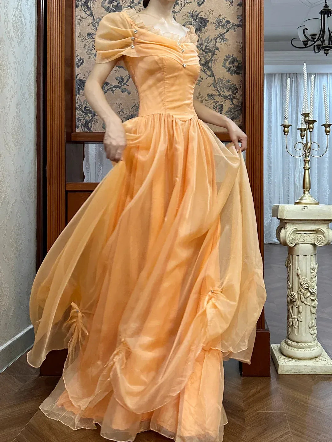 Puffed Sleeve Square Neck Maxi Dress with Bow Accents & Fairy-Tale Silhouette