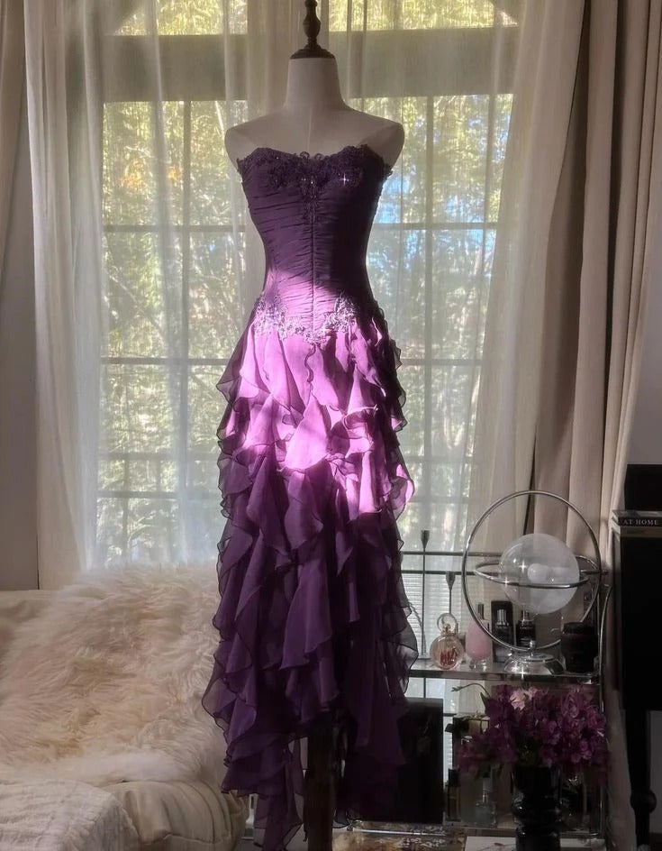 Purple Chiffon Lace Applique Lace-Up Ruffle Gown