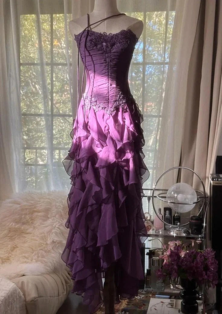 Purple Chiffon Lace Applique Lace-Up Ruffle Gown