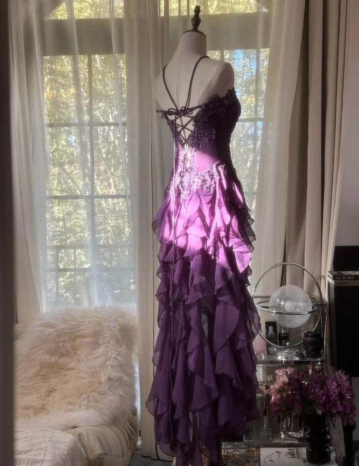 Purple Chiffon Lace Applique Lace-Up Ruffle Gown
