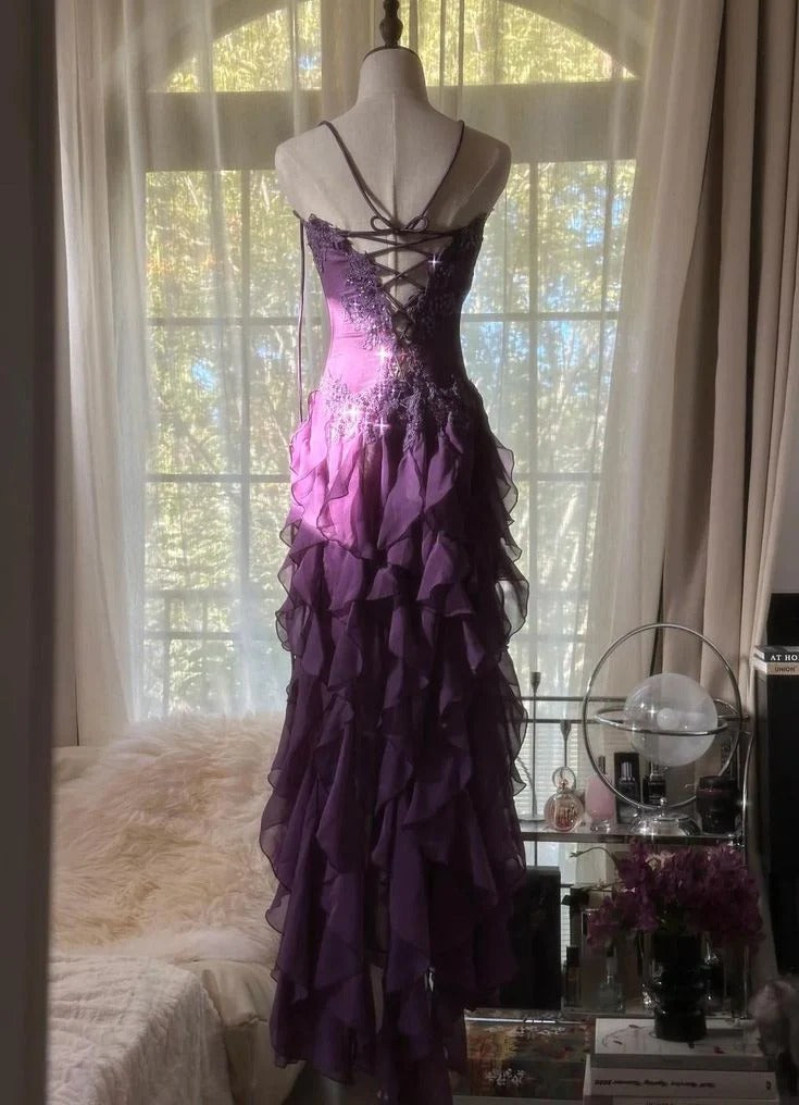 Purple Chiffon Lace Applique Lace-Up Ruffle Gown