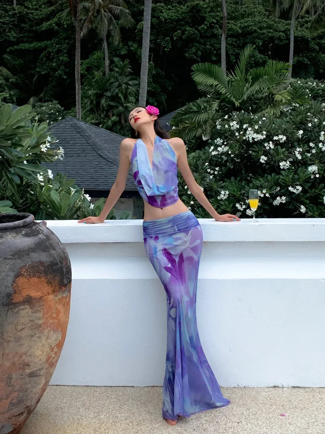 Purple Floral Halter Cowl Neck Two-Piece Maxi Set