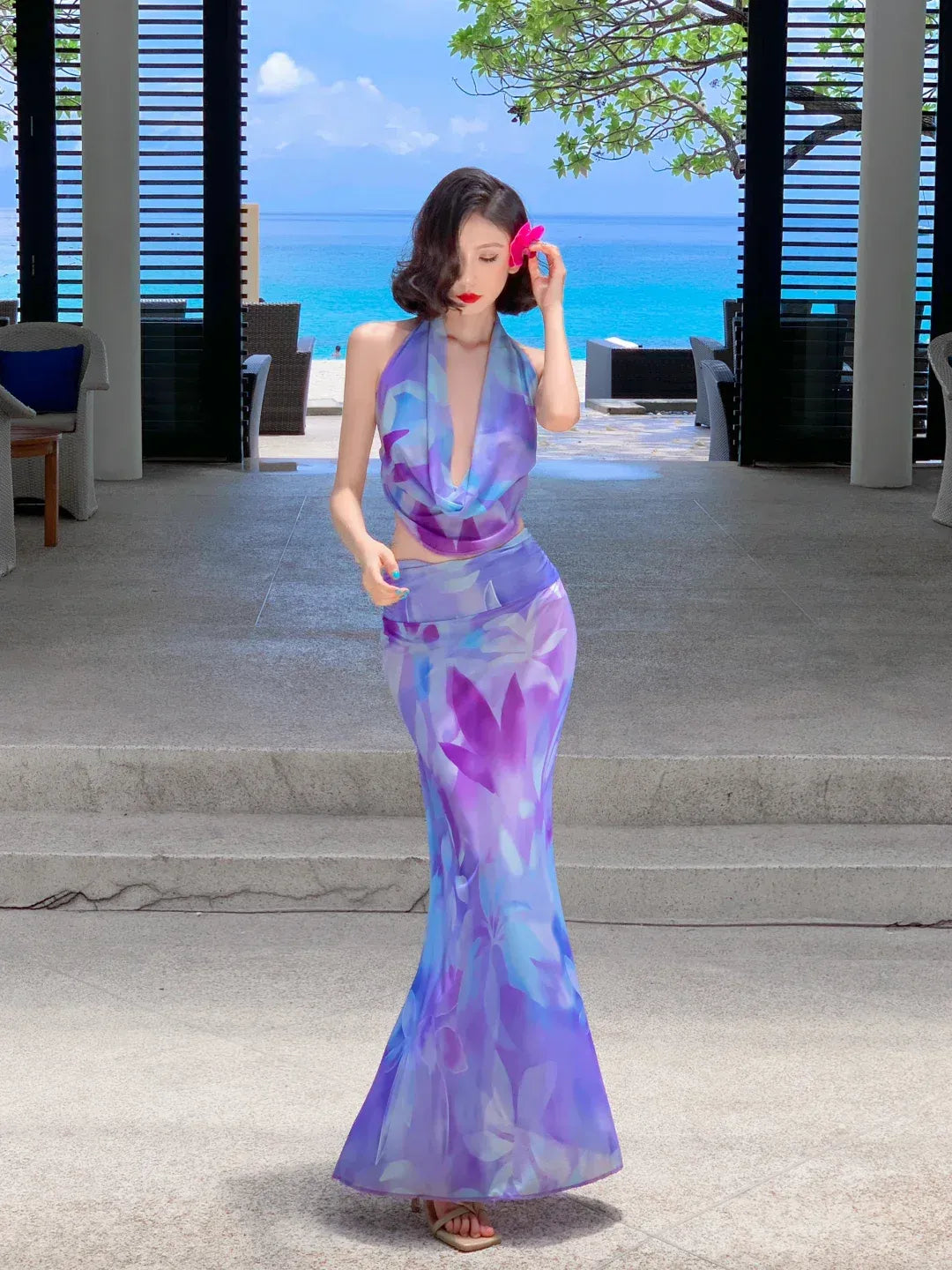 Purple Floral Halter Cowl Neck Two-Piece Maxi Set