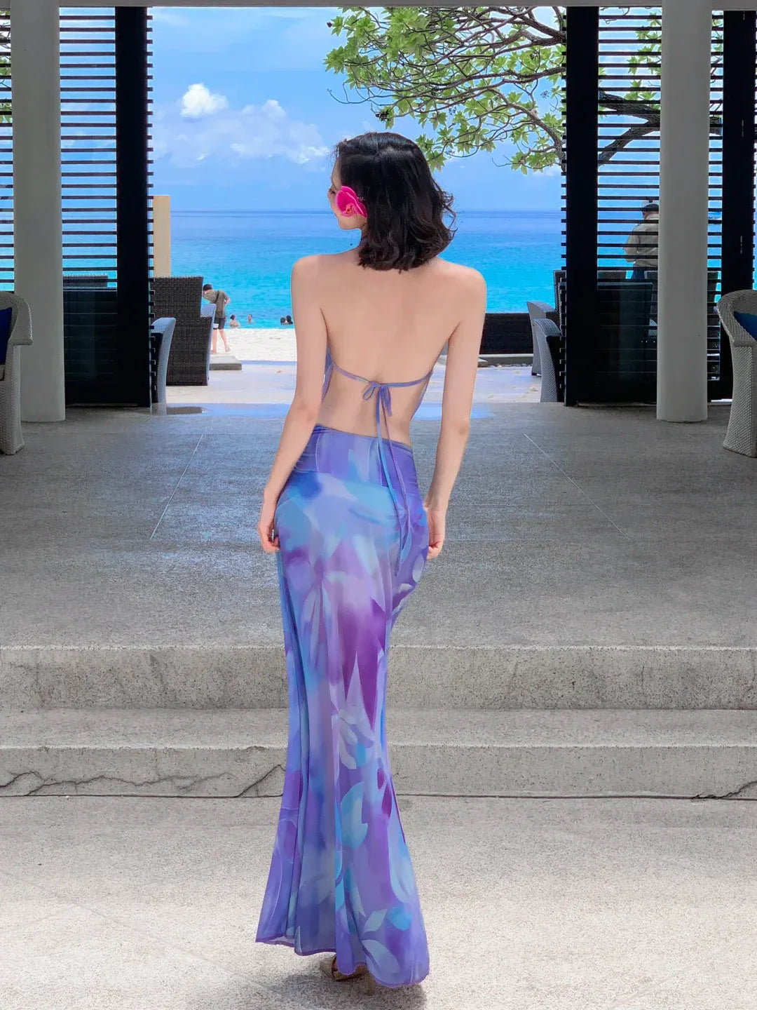 Purple Floral Halter Cowl Neck Two-Piece Maxi Set