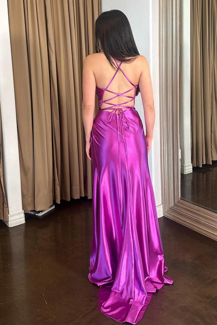 Purple Lace Up Back Prom Dress