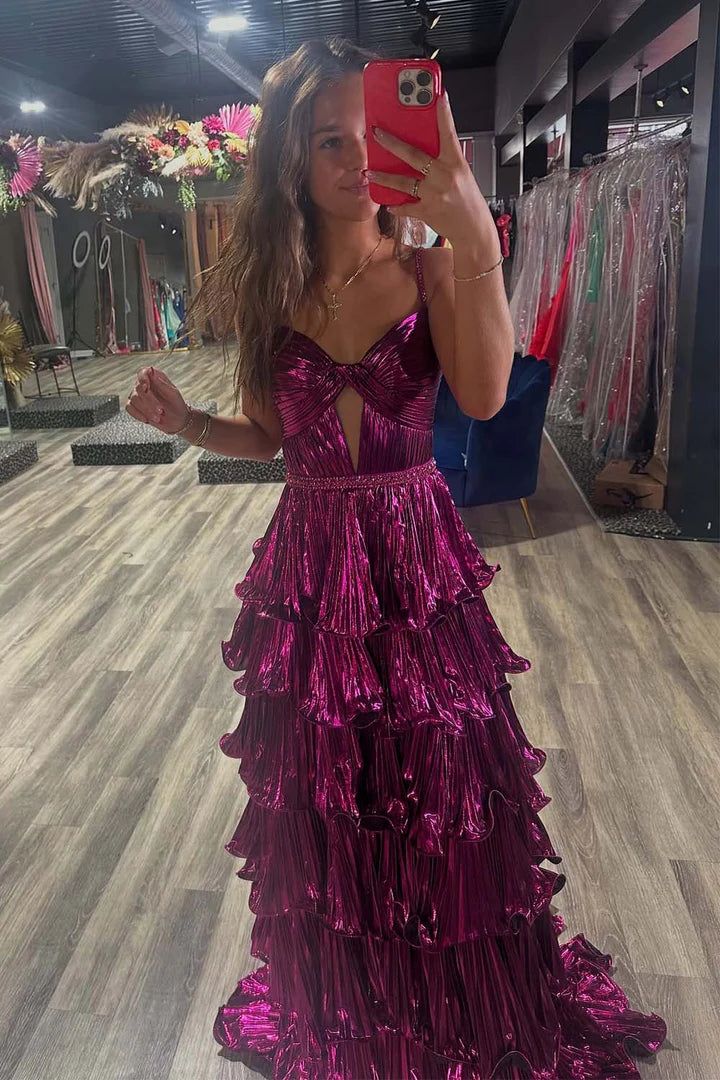 Purple Ruffle Pleated Prom Dress