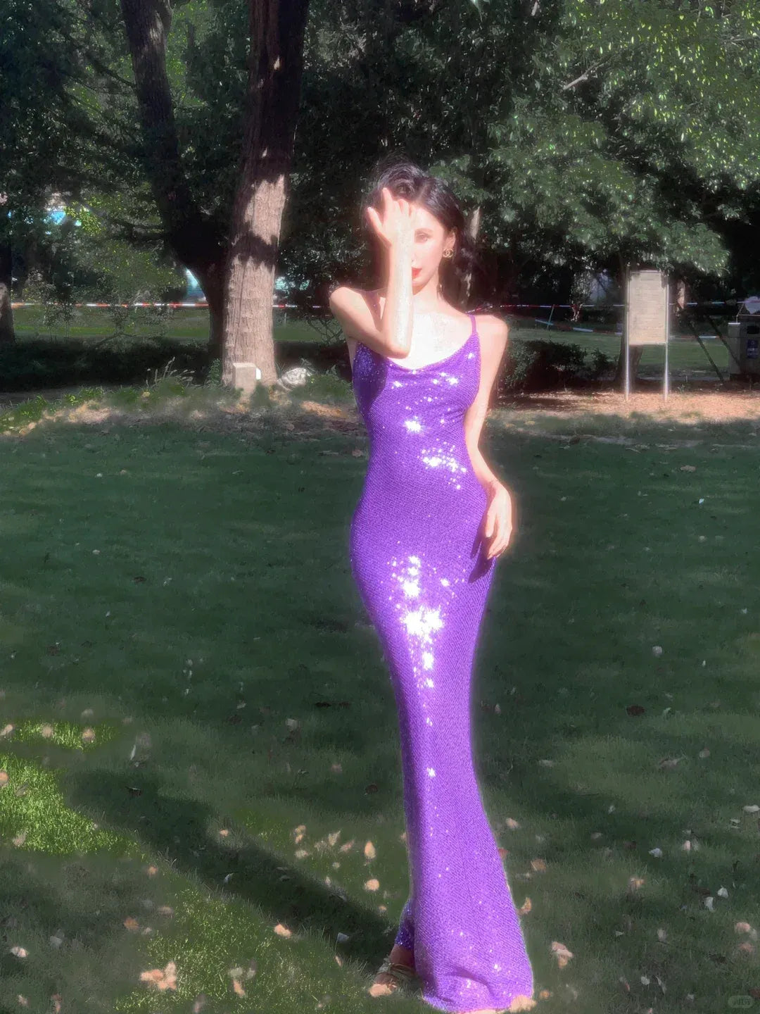 Purple Sequin Cowl Neck Crisscross Open Back Mermaid Gown