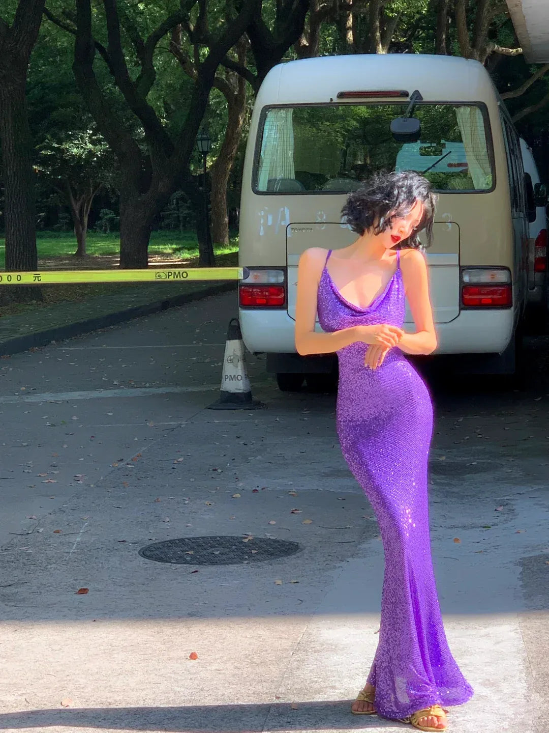 Purple Sequin Cowl Neck Crisscross Open Back Mermaid Gown