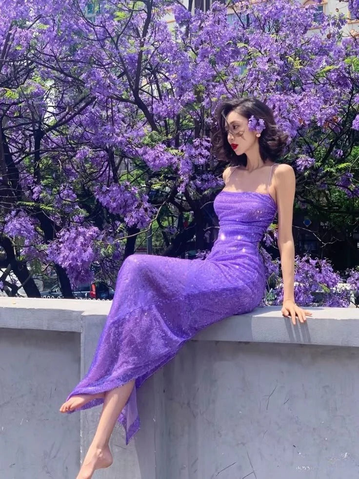 Purple Sequin Maxi Dress – Spaghetti Strap Bodycon Formal Evening Gown