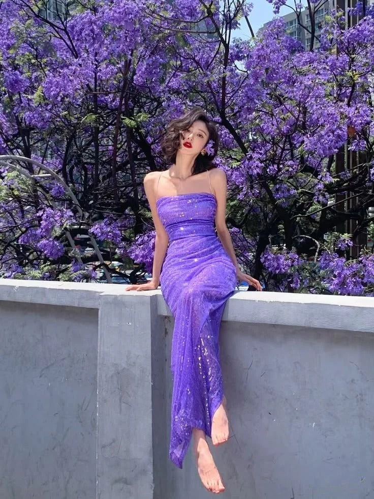 Purple Sequin Maxi Dress – Spaghetti Strap Bodycon Formal Evening Gown