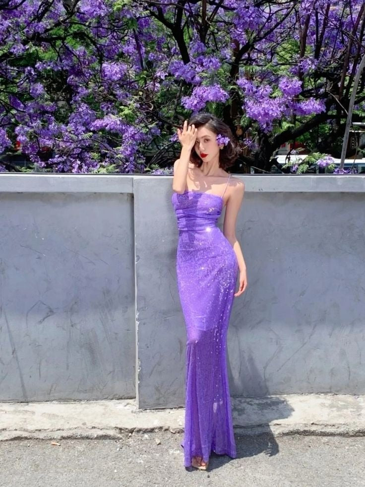 Purple Sequin Maxi Dress – Spaghetti Strap Bodycon Formal Evening Gown