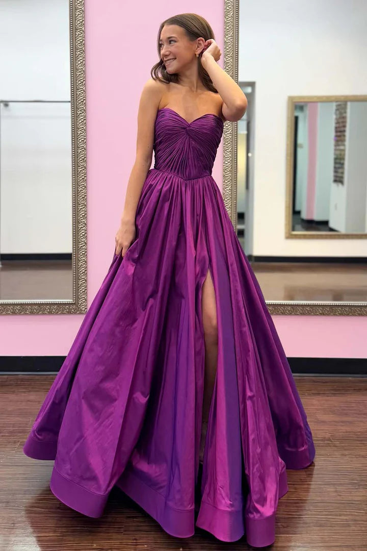 Purple Strapless Satin Prom Dress with Slit