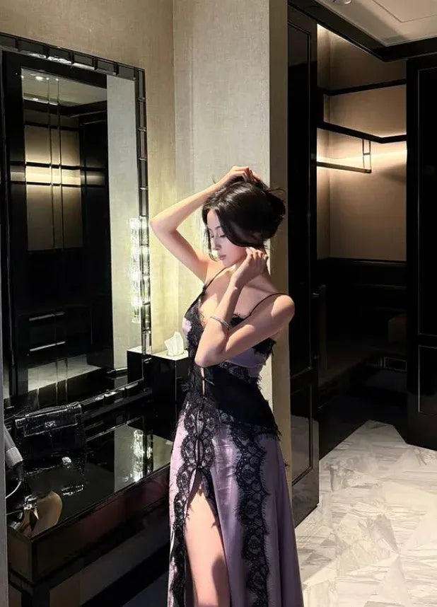 Purple & Black Lace Spaghetti Strap High Slit Maxi Dress