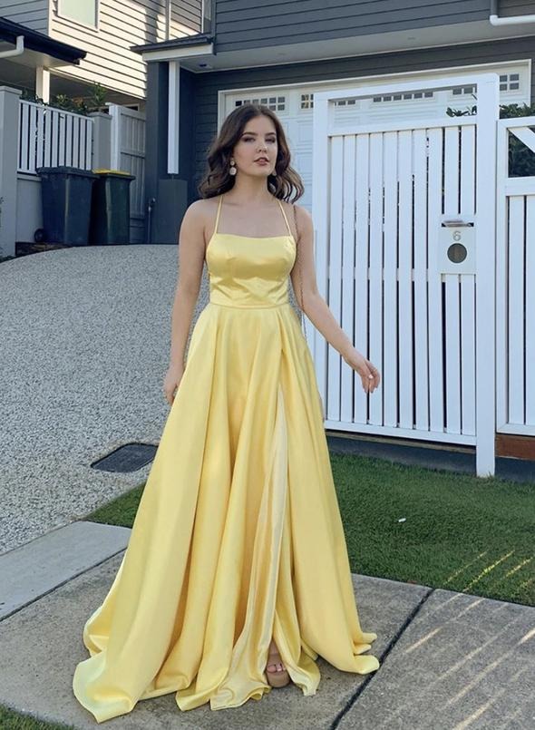 Radiant A-Line Spaghetti-Strap Thigh-High Slit Lemon Yellow Satin Gown
