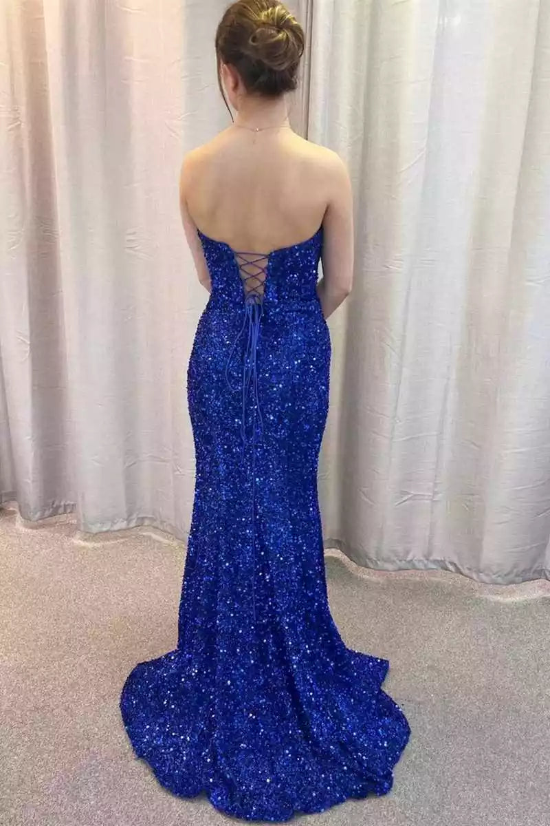 Radiant Royal Blue Sequin Mermaid Gown with Strapless Sweetheart Neckline & Crisscross Back