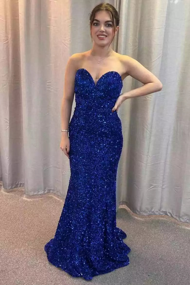 Radiant Royal Blue Sequin Mermaid Gown with Strapless Sweetheart Neckline & Crisscross Back