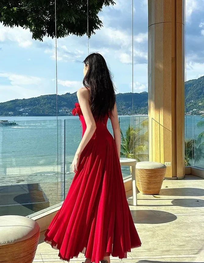 Red 3D Floral Spaghetti Strap Tulle Maxi Dress – Formal Prom Evening Gown