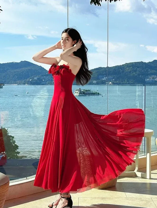 Red 3D Floral Spaghetti Strap Tulle Maxi Dress – Formal Prom Evening Gown