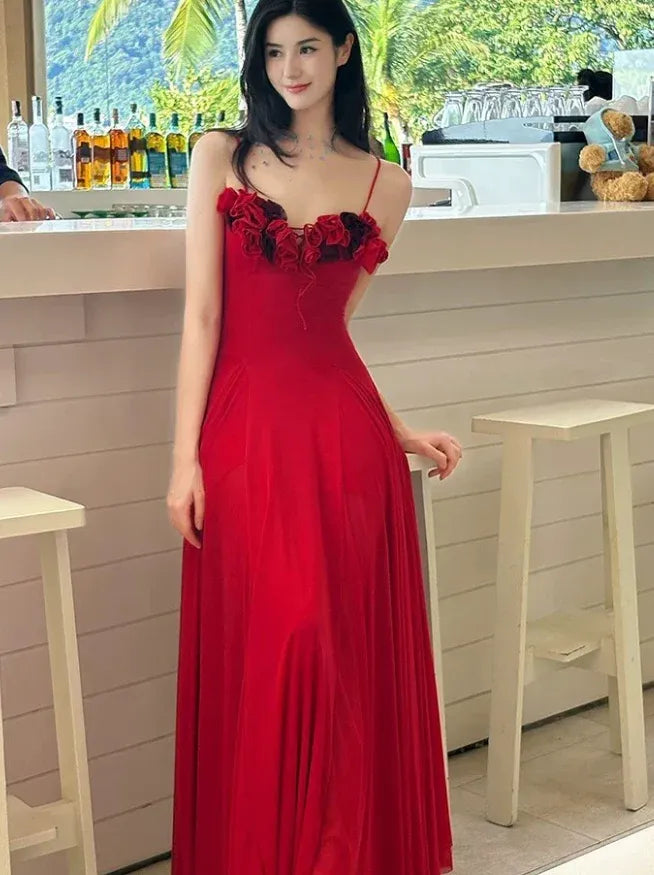 Red 3D Floral Spaghetti Strap Tulle Maxi Dress – Formal Prom Evening Gown