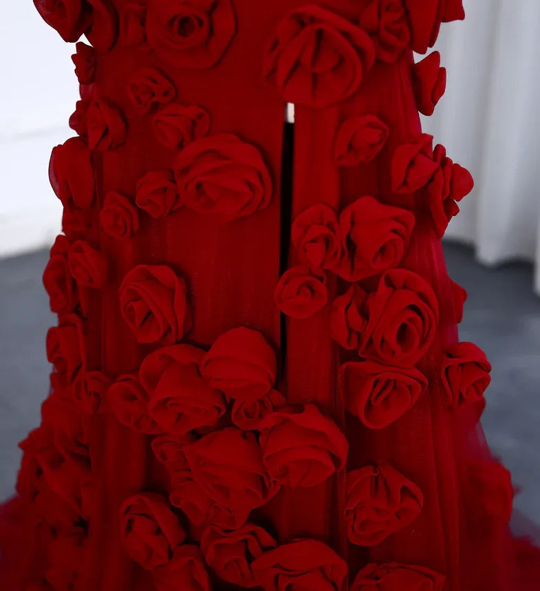 Red 3D Floral Tulle Strapless Mermaid Gown with Detachable Halter Scarf & Train