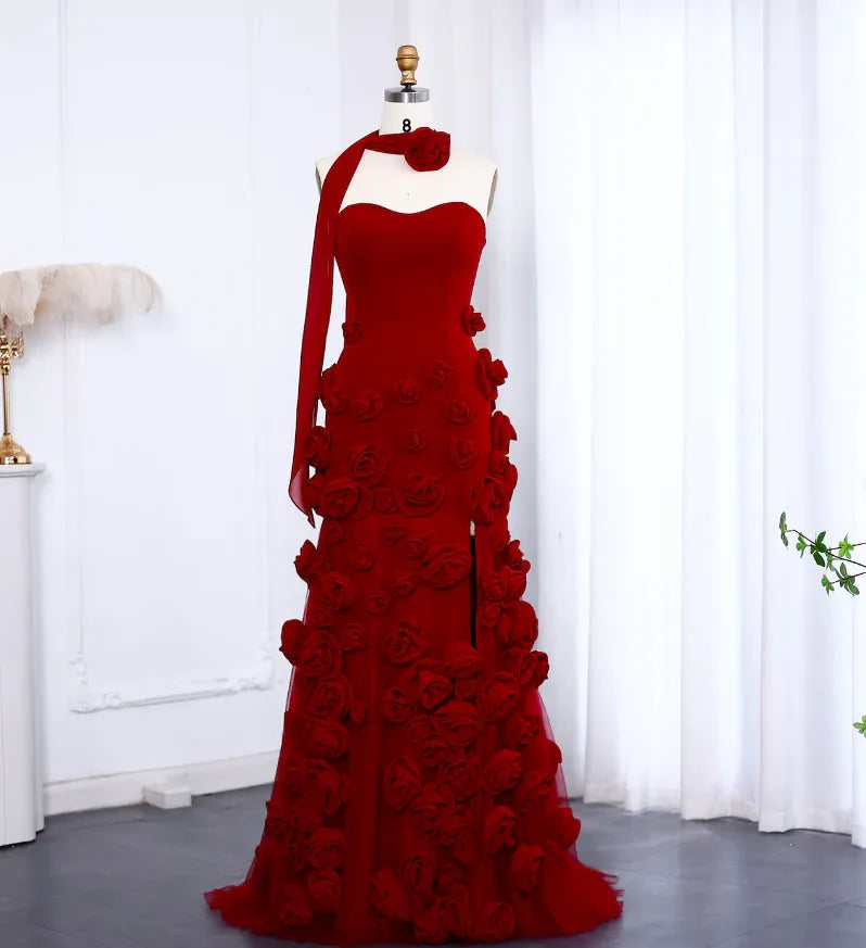 Red 3D Floral Tulle Strapless Mermaid Gown with Detachable Halter Scarf & Train