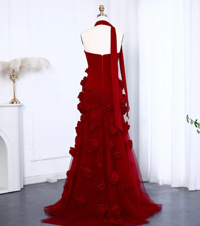 Red 3D Floral Tulle Strapless Mermaid Gown with Detachable Halter Scarf & Train