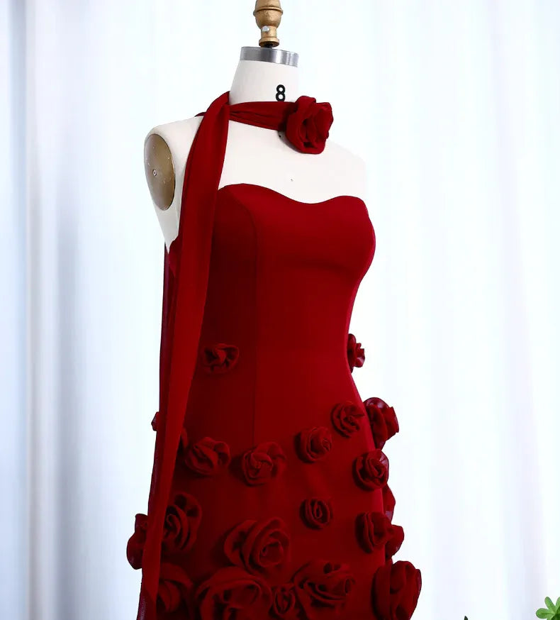 Red 3D Floral Tulle Strapless Mermaid Gown with Detachable Halter Scarf & Train