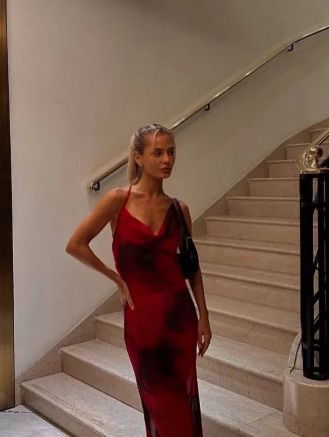 Red Abstract Print Backless Maxi Dress – Cowl Neck Sleeveless Evening Gown with Sheer Tulle