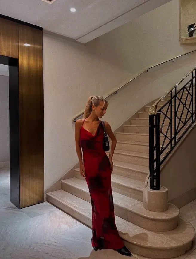 Red Abstract Print Backless Maxi Dress – Cowl Neck Sleeveless Evening Gown with Sheer Tulle