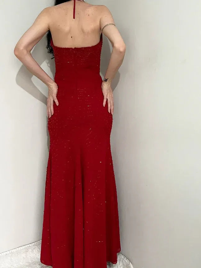 Red Beaded Halter Mermaid Gown – V-Neck Embellished Formal Prom Evening Dress