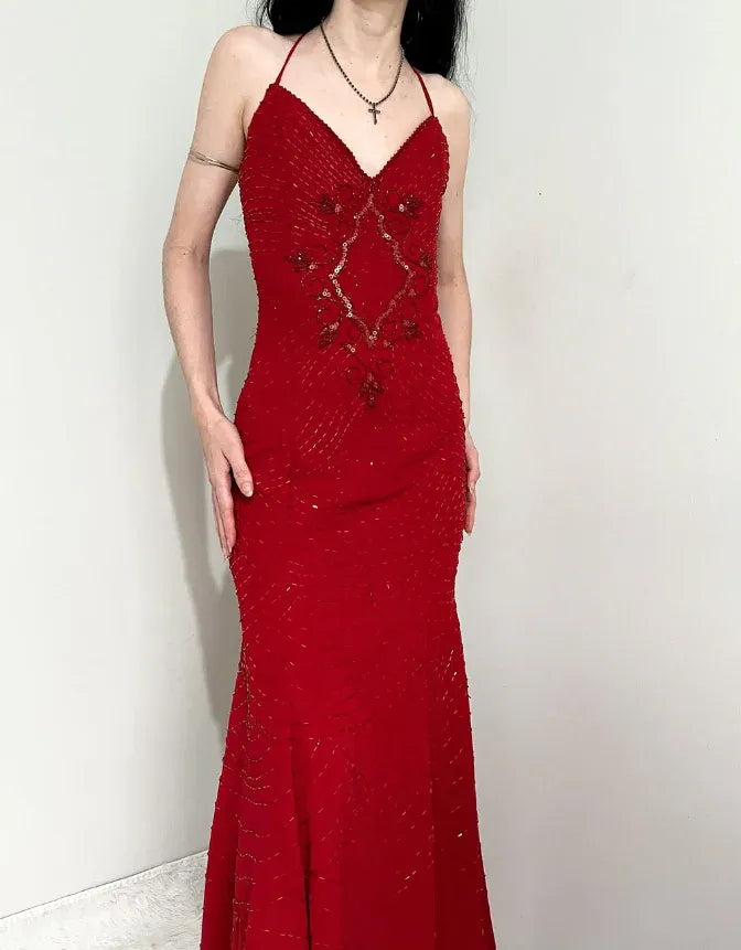 Red Beaded Halter Mermaid Gown – V-Neck Embellished Formal Prom Evening Dress