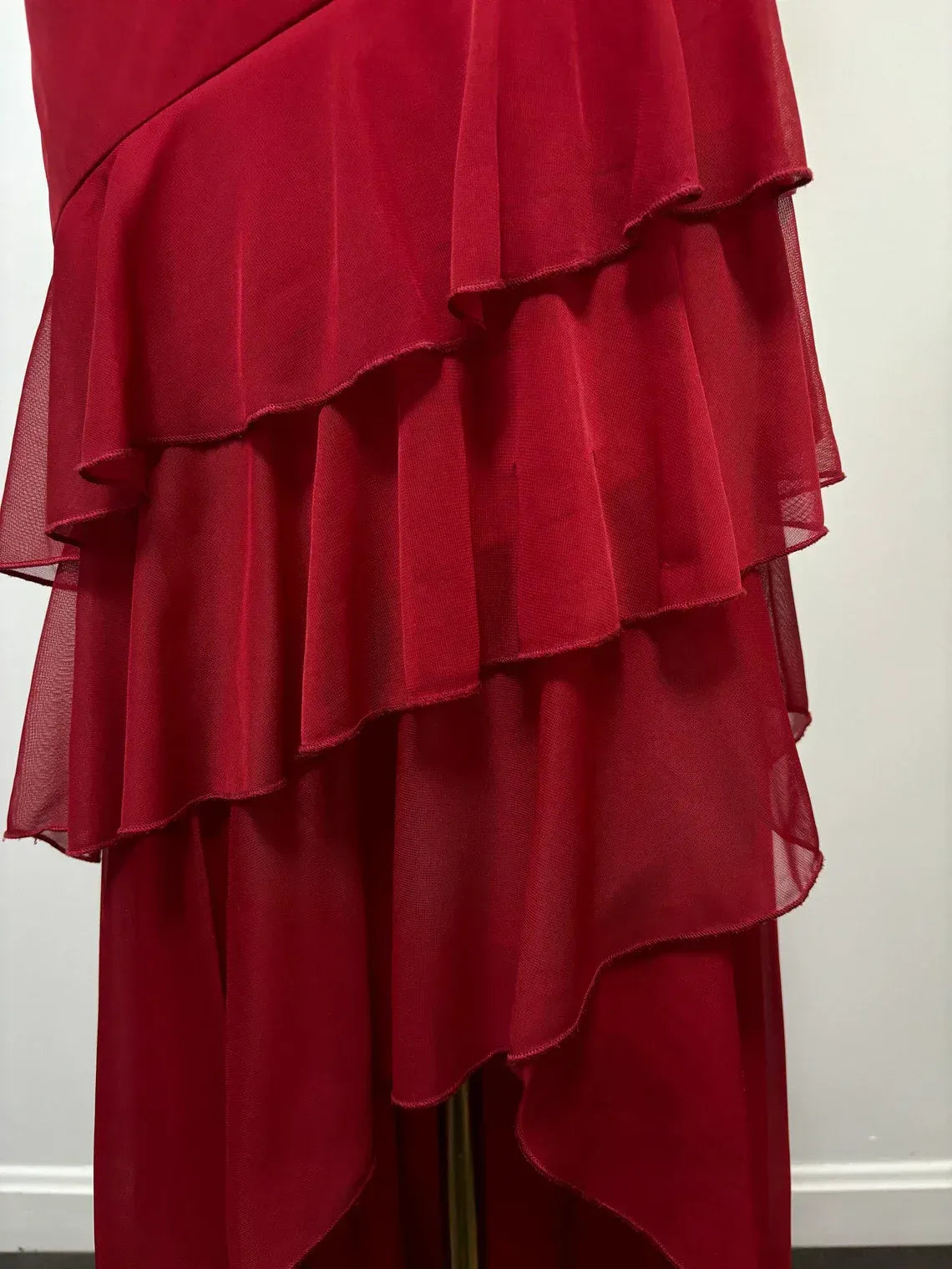 Red Chiffon Halter Neck Crystal Embellished Asymmetrical Tiered High-Low Prom Gown