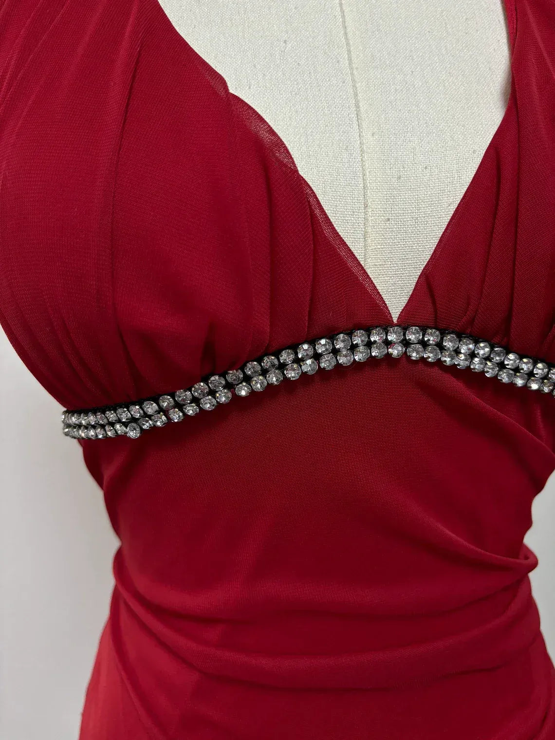 Red Chiffon Halter Neck Crystal Embellished Asymmetrical Tiered High-Low Prom Gown