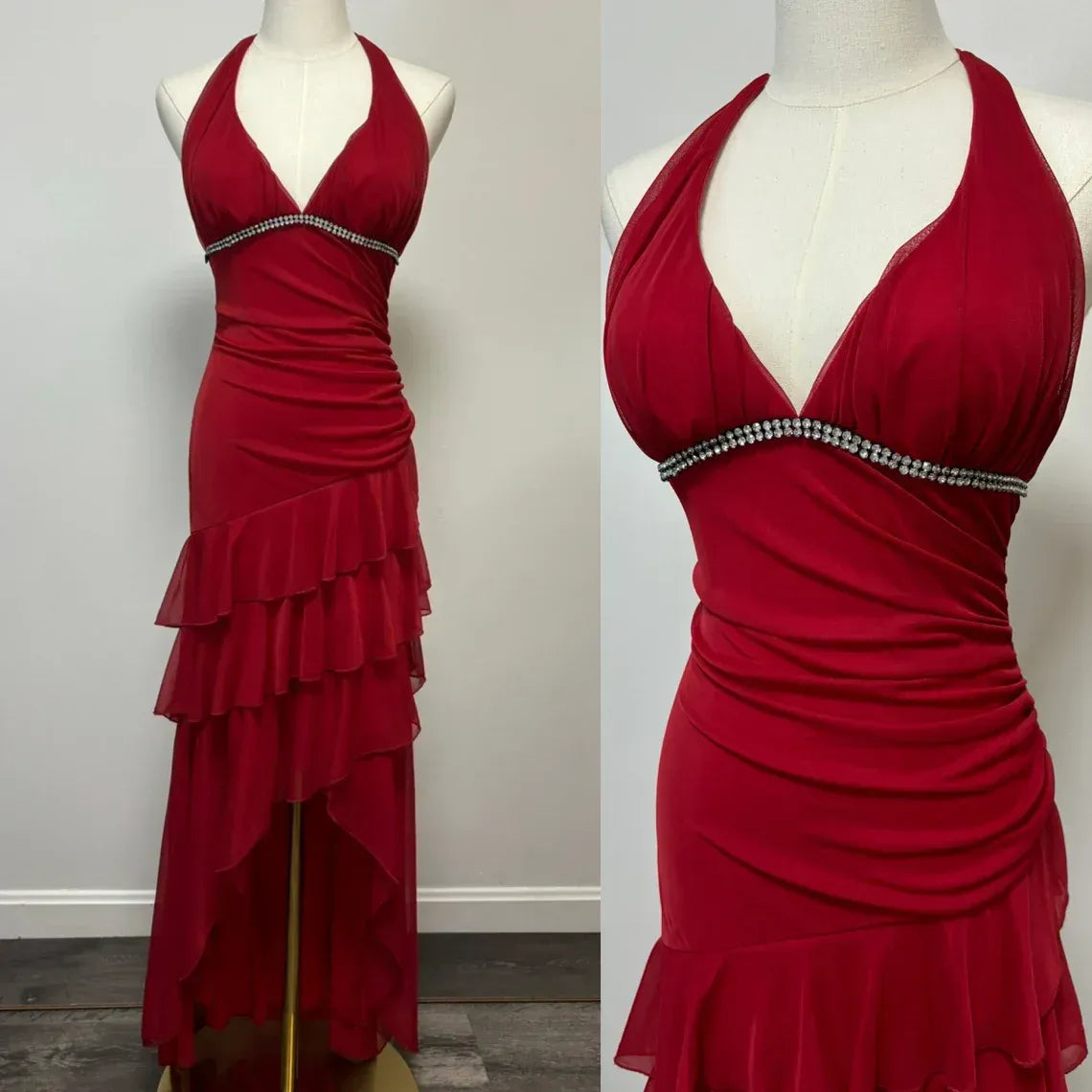 Red Chiffon Halter Neck Crystal Embellished Asymmetrical Tiered High-Low Prom Gown