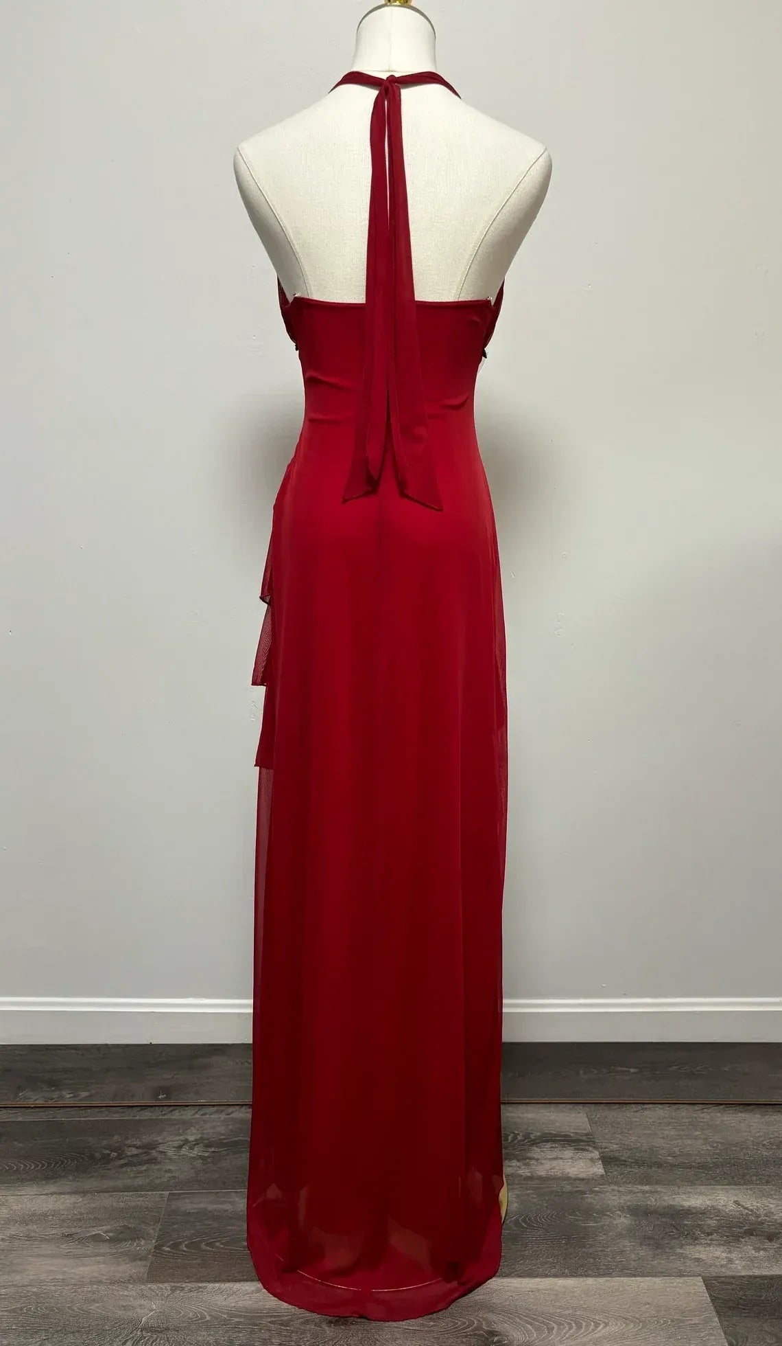 Red Chiffon Halter Neck Crystal Embellished Asymmetrical Tiered High-Low Prom Gown