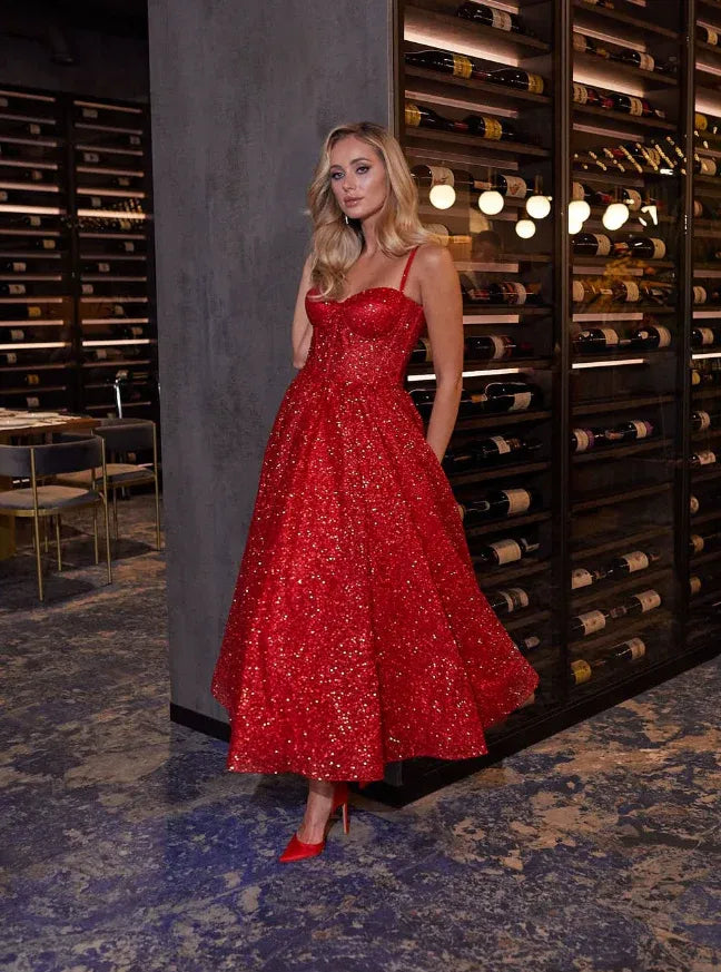 Red Glitter Spaghetti Strap Sweetheart Corset Midi Gown with Pockets